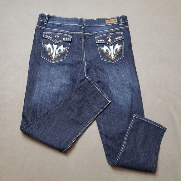 Free Culture Gemstone bling embroidered Size 22  Dark Wash Jeans flap pocket - Picture 1 of 11